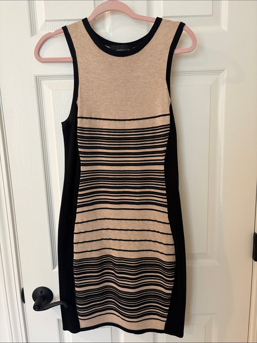 Adelyn Rae Beige and Black Striped Sleeveless Mini Dress